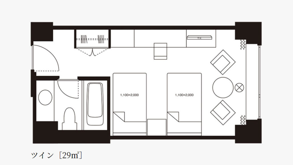 ホテルオークラ神戸のスタンダードツインの間取り