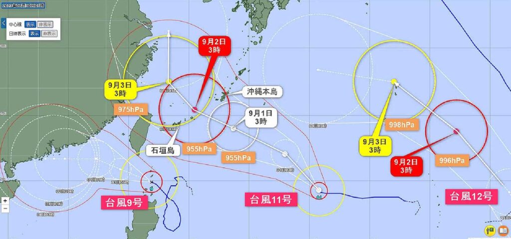 台風9号・11号・12号進路図