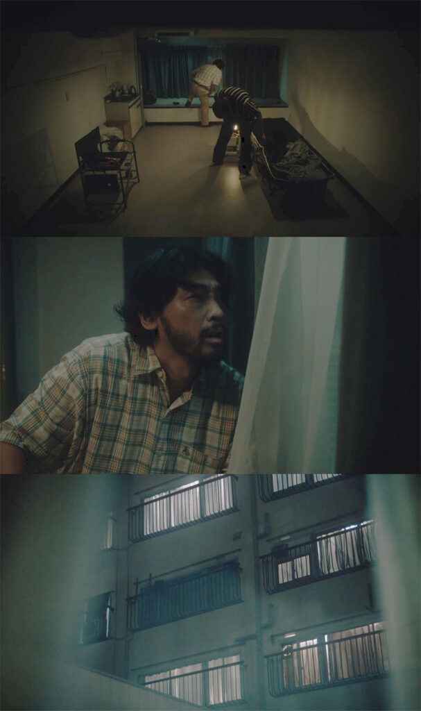 向かいのアパートの部屋の様子を探る若者とおじさん