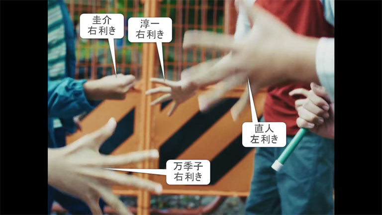 森の中で二手に分かれるためにじゃんけんする淳一・万季子・圭介・直人