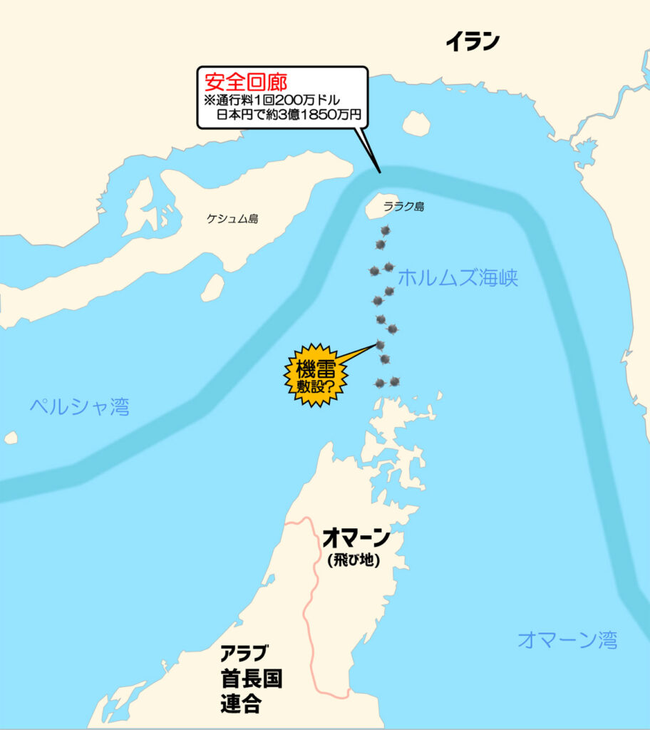 イランがホルムズ海峡に敷設した可能性がある機雷の位置