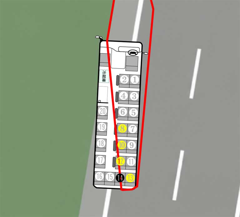 【推測】マイクロバスの車内を貫通したガードレールの経路(赤線)